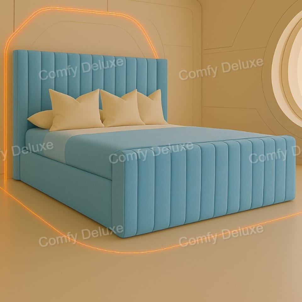 5FT Kingsize Sky Blue Plush Bed Frame With 54inch Headboard Solid Bed Base
