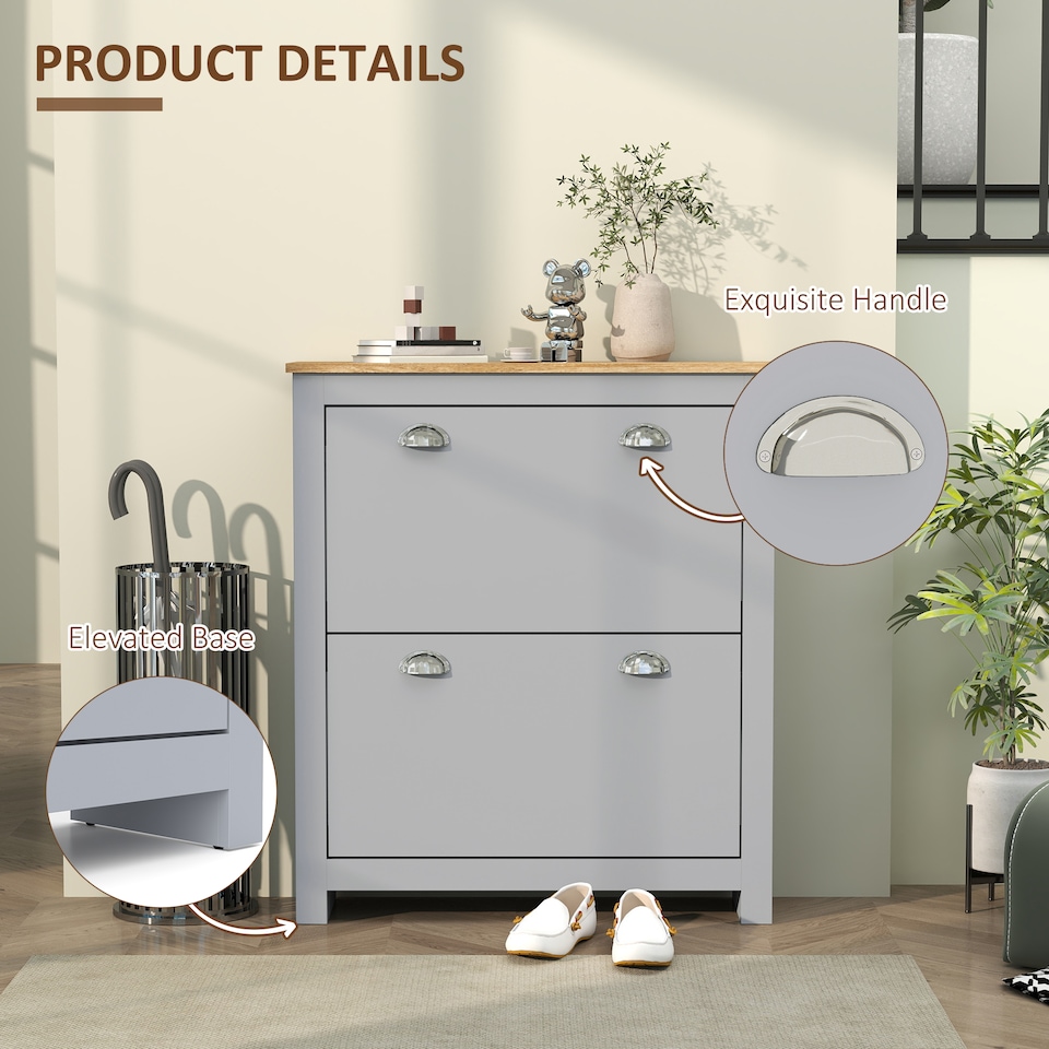 image 1 of HOMCOM 2 Drawer Shoe Cabinet Narrow Shoe Cupboard with Flip Doors, Grey | Grey | Grey