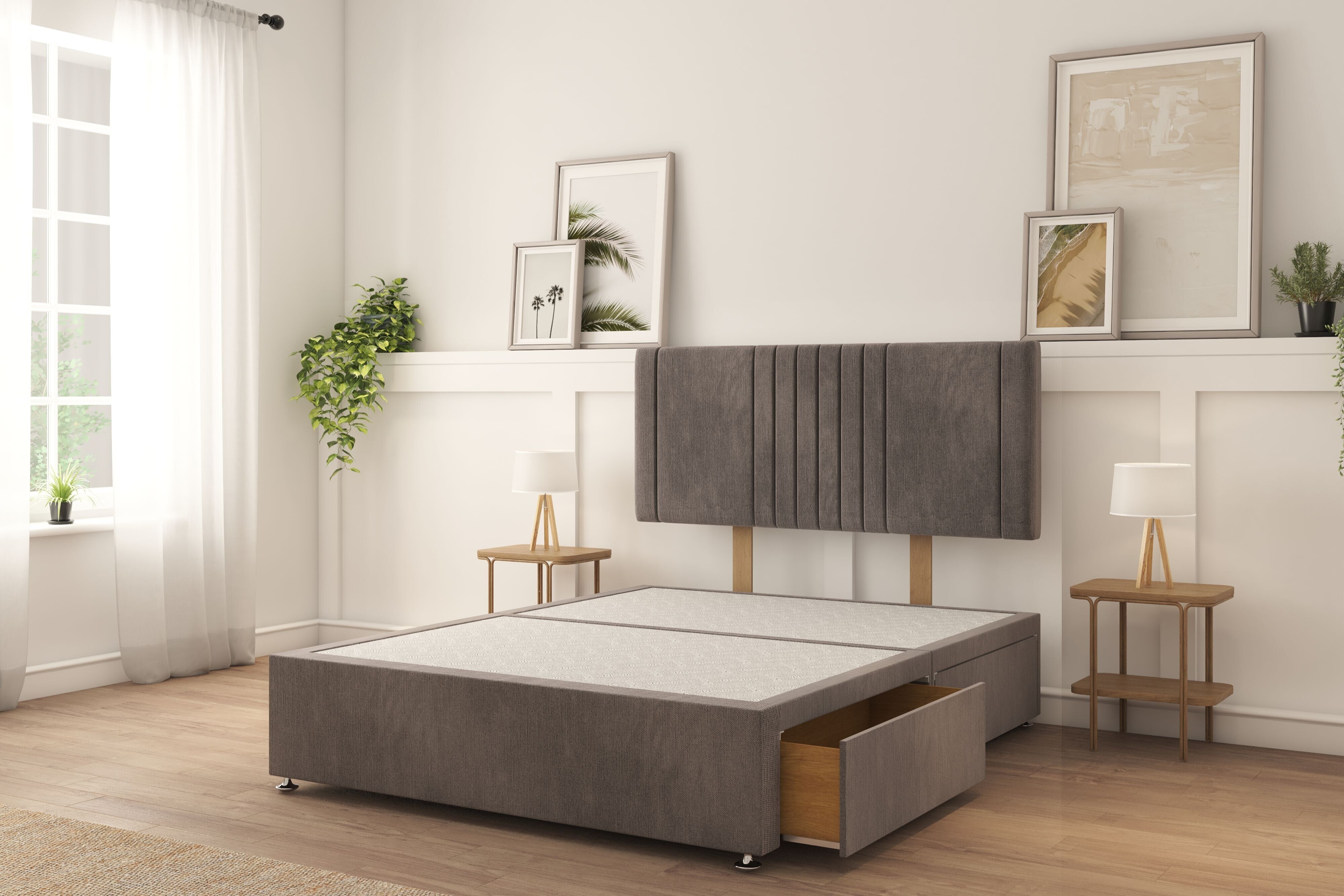 Sloomy Langston Slate Naples Divan Bed Base 2 Drawers Same Side With 26" Strutted Headboard 4'6 Double