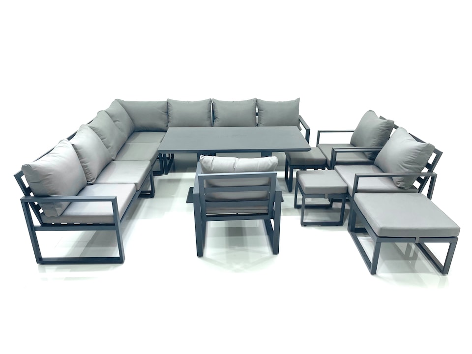 image 1 of Fimous 13 Seater Outdoor Aluminum Garden Furniture Set Corner Sofa 3 Chair 3 Footstools Adjustable Rising Lifting Dining Table Sets Dark Grey