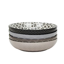 Set of 4 Tile Pattern Pasta Bowls Multi | Blue, Grey, Black