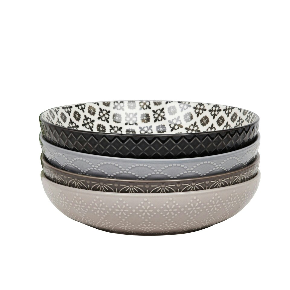image 1 of Set of 4 Tile Pattern Pasta Bowls Multi | Blue, Grey, Black