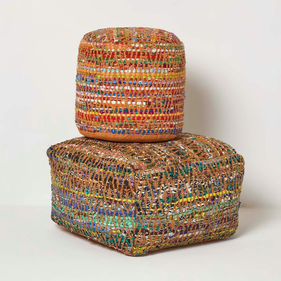 image 1 of Homescapes Multicolour Chindi Design Bean Filled Pouffe Large - 60 x 60 x 30 cm | Multi | 60 x 60 x 30 cm