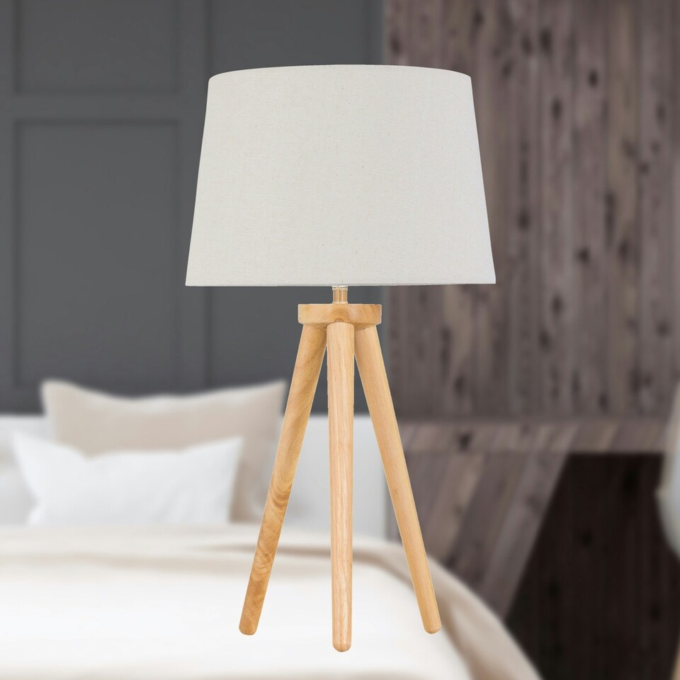image 1 of Voyage - Light Oak Table Lamp or Bedside Light with Linen Shade Brown | Brown