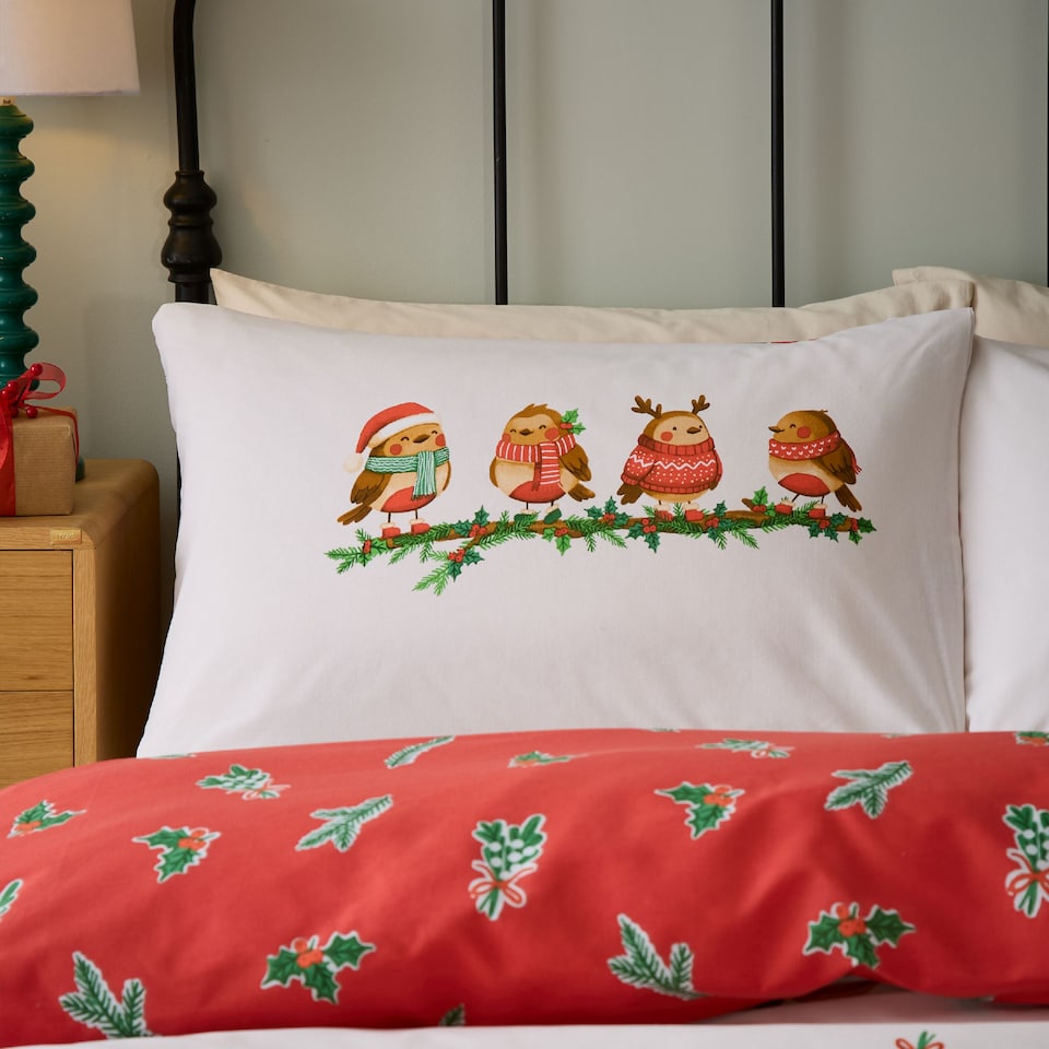 image 1 of Catherine Lansfield Christmas Robins Reversible Duvet Cover Set