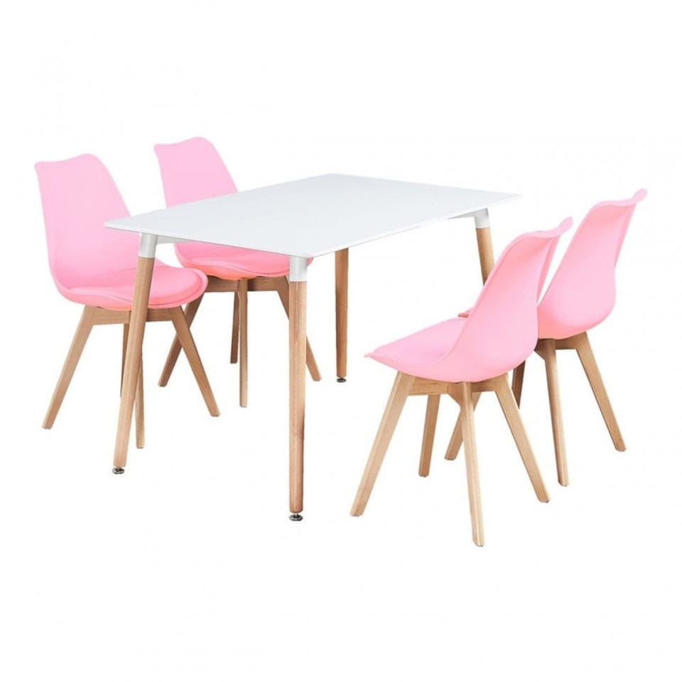 image 1 of 5PCs Dining Set - a White Halo Dining Table & Set of 4 Lorenzo Tulip Chairs with Padded Seat | Pink