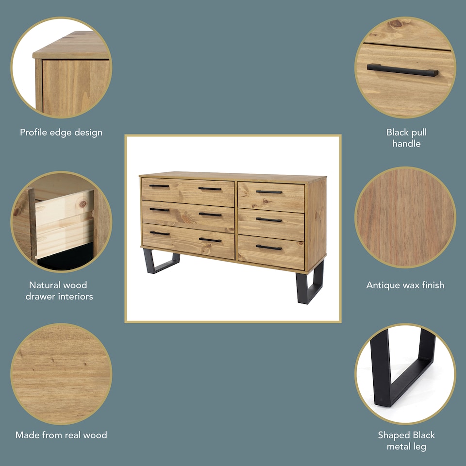 image 1 of Texas 3+3 Drawer Wide Chest of Drawers - Industrial Style Pine Bedroom Storage Cabinet with Metal Legs | Brown | Brown | 1