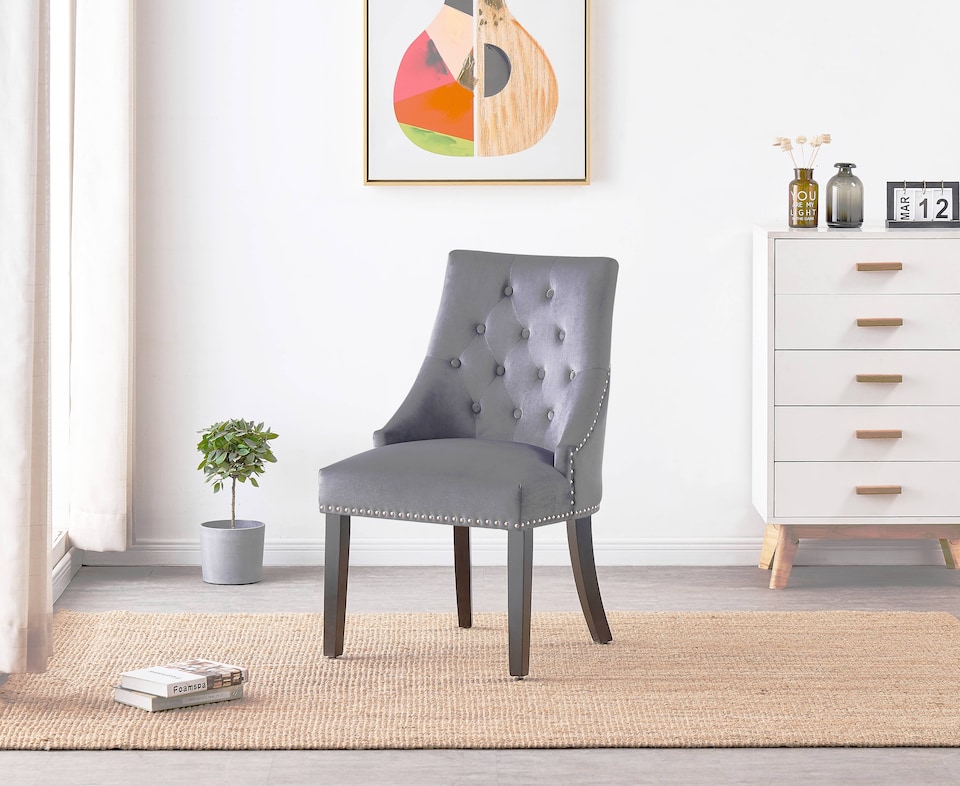 image 1 of Set of 2 Dark Grey Windsor  Velvet Dining Chair Ergonomic Scoop Knockerback & Button Tufted Wood Legs | Grey | Dark Grey