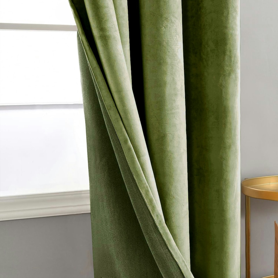 image 1 of Olive Green Velvet Blackout Eyelet Curtains - 46x54 Inch Drop - Pair Green