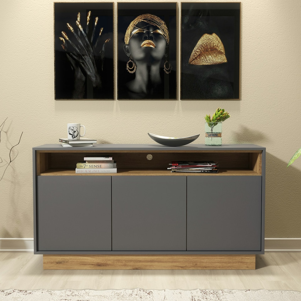 image 1 of Modern Grey and Oak Sideboard 140 cm – 3 Door Cabinet with Open Shelf Grey