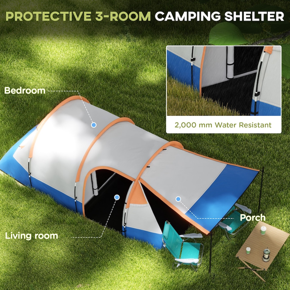 image 1 of Outsunny 2 Man Camping Tunnel Tent with Bedroom and Living Room, Orange