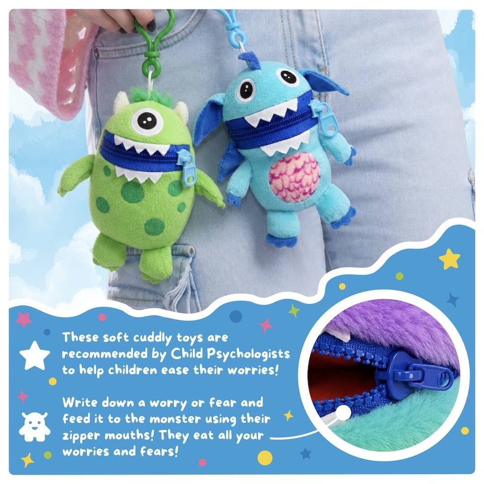 image 1 of Kids Worry Yummy Monster Clip-On Keyring Bag Charm Pram Pack of 5 Multicoloured Soft Toy Set