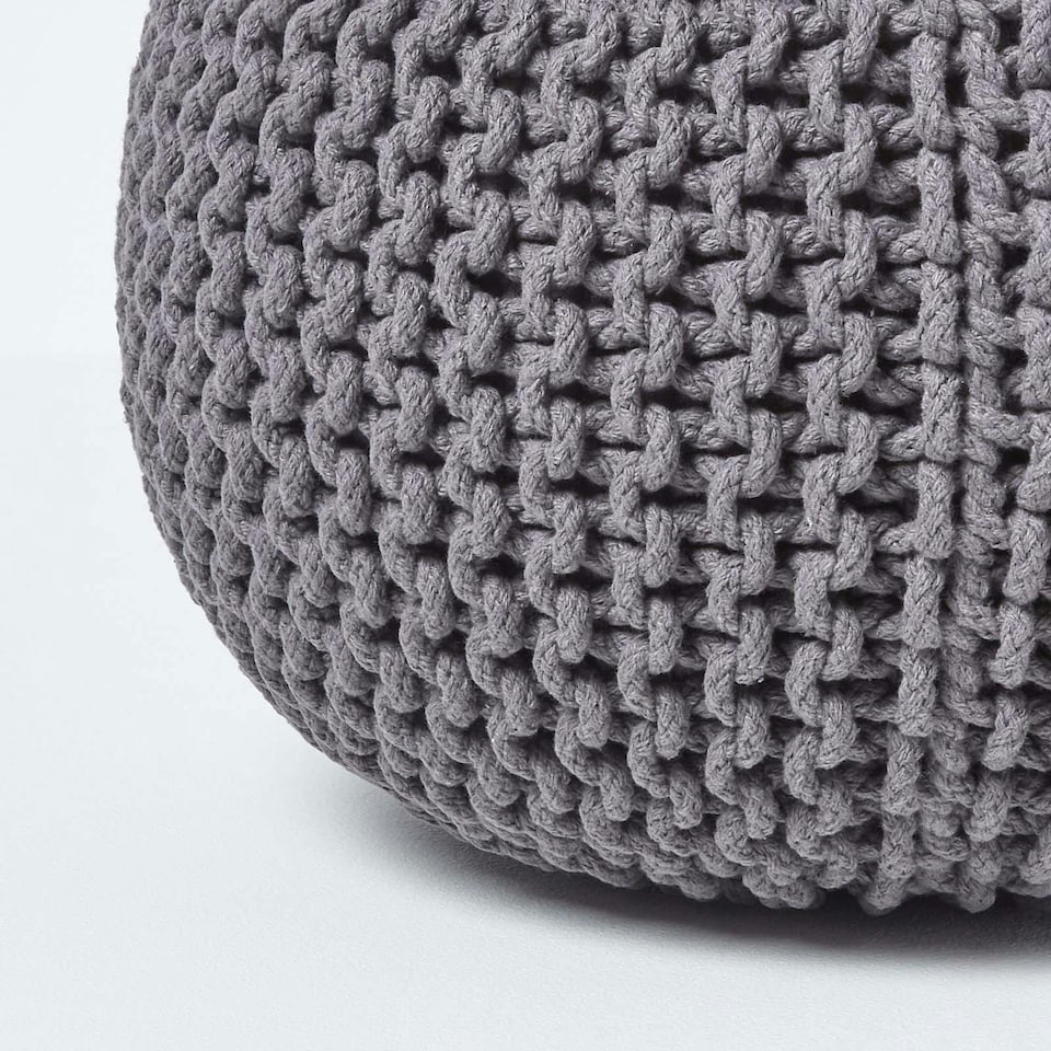 image 1 of Homescapes Sea Grey Round Cotton Knitted Pouffe Footstool - 35 x 40 cm | Grey | H 35cm x W 40cm