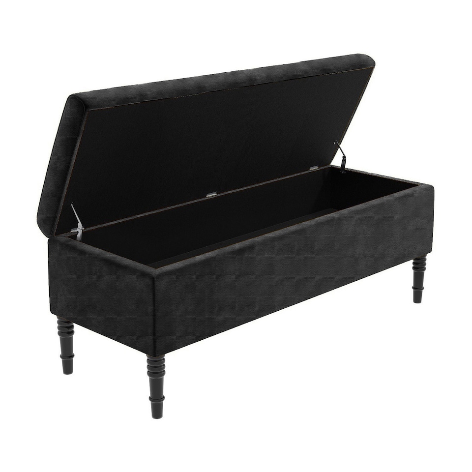 image 1 of 150cm Paris Plain Ottoman Storage Bench -Naples Shoes Bench with Black Turned Wooden Legs - Black Upholstery Storage Footstool