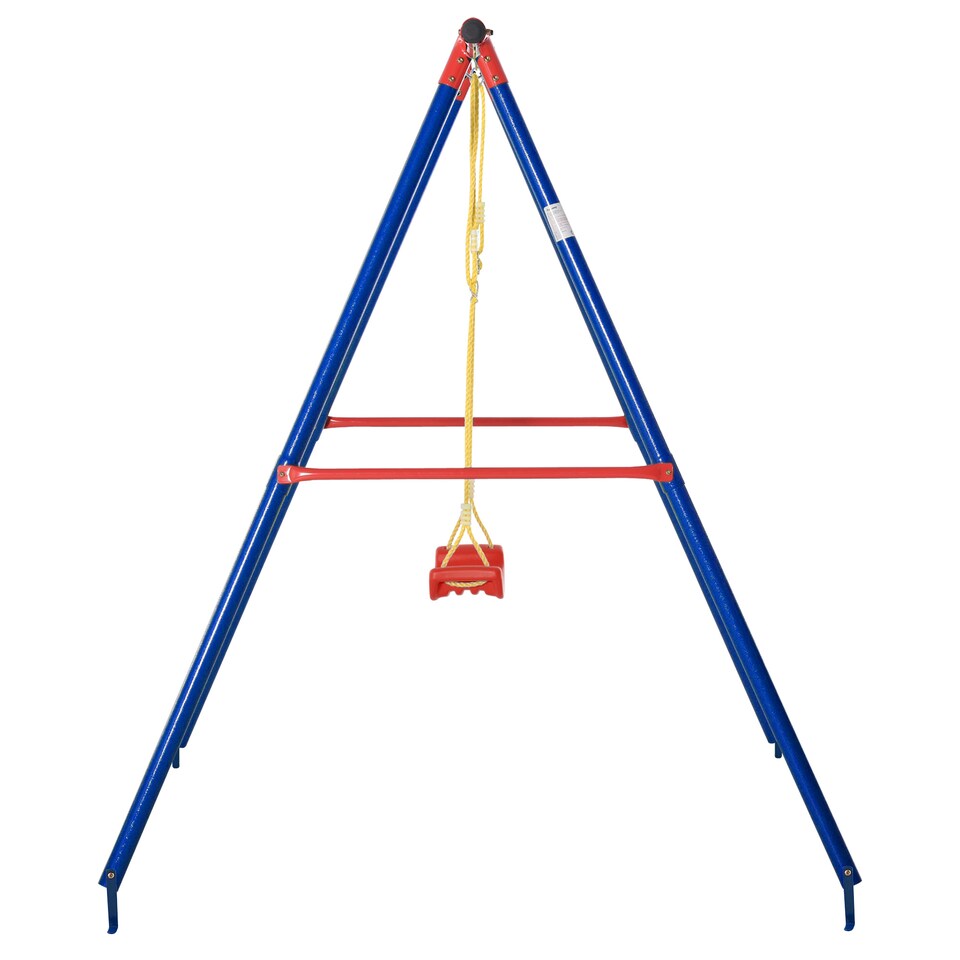 image 1 of Outsunny Metal Swing Set w/ Adjustable Rope A-Frame Stand Outdoor Playset | Multi | Blue, Yellow and Red
