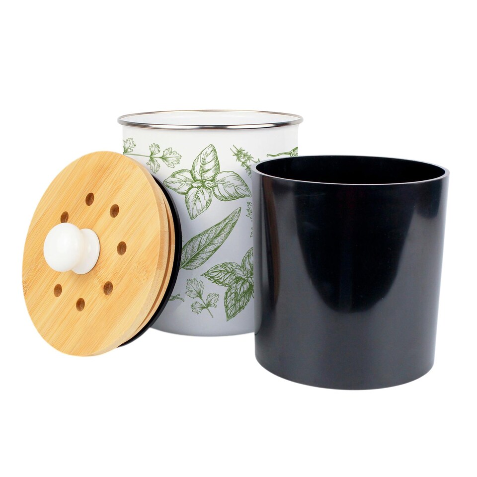 image 1 of Green Herbs Food Waste Caddy - Metal 2L Decorative Kitchen Compost Bin