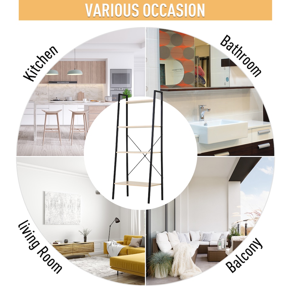 image 1 of HOMCOM Ladder Shelf, Bookshelf, 4-Tier Industrial Storage Rack for Living Room, Bedroom, Kitchen, Oak and Black