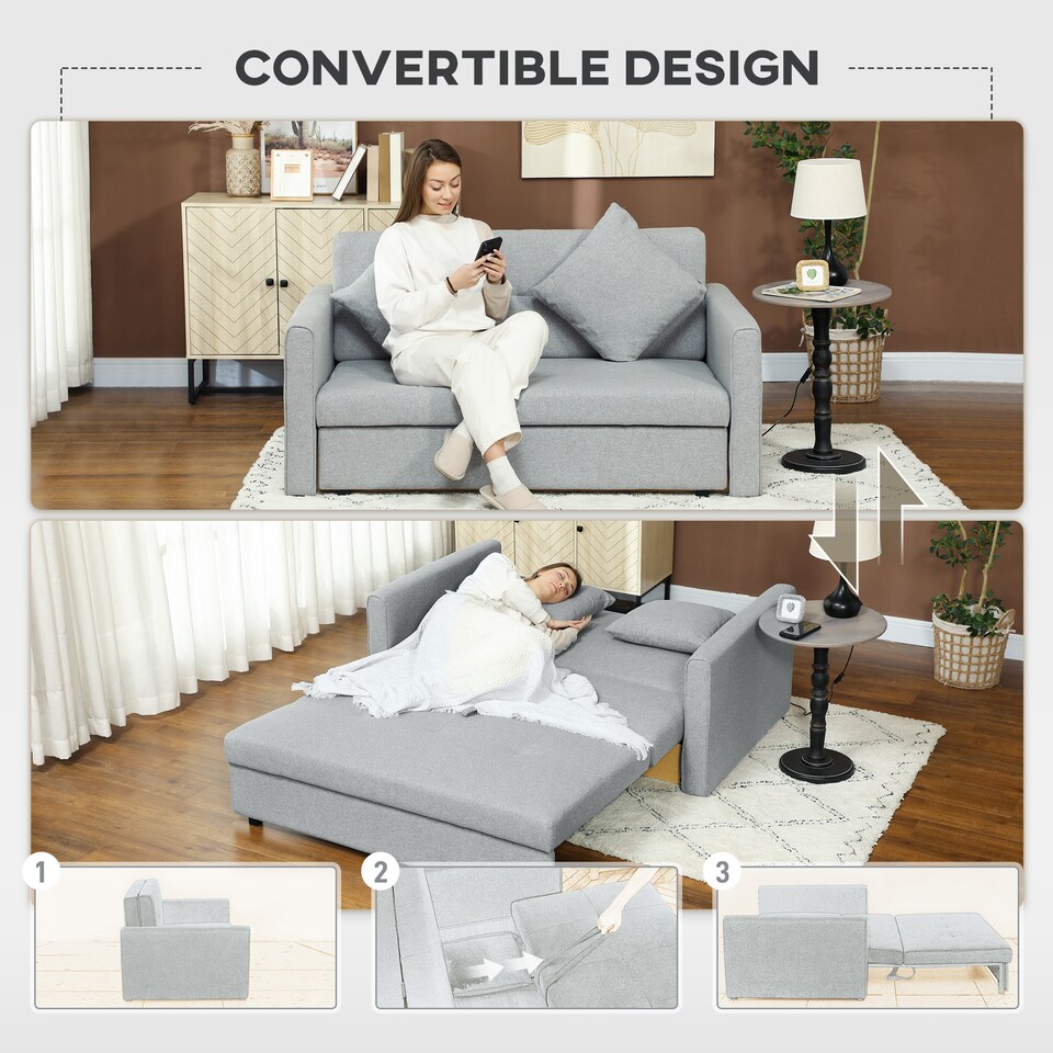 image 1 of HOMCOM 2 Seater Sofa Bed with Hidden Storage, Pull Out Convertible Bed Settee, Modern Linen Loveseat Sofa Sleeper with 2 Cushions for Living Room, Guest Room, Light Grey | Grey | Grey | One Size