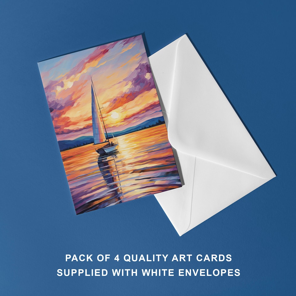 image 1 of Sunset Sailing Boat Seascape Art Cards Pack of 4 Coastal Landscape Greeting Cards