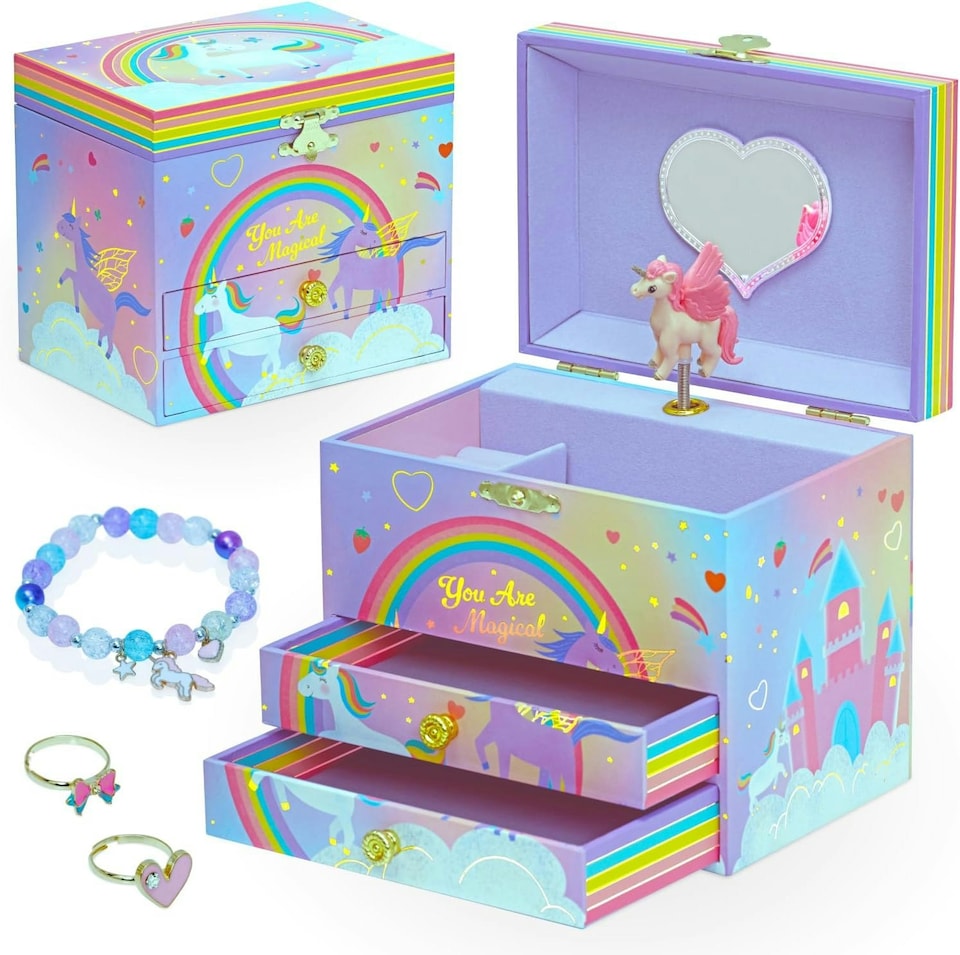 image 1 of Style Girlz Musical Jewellery Box - Unicorn Jewellery Box For Girls - Large Kids Jewellery Music Box With 2 Pullout Drawers