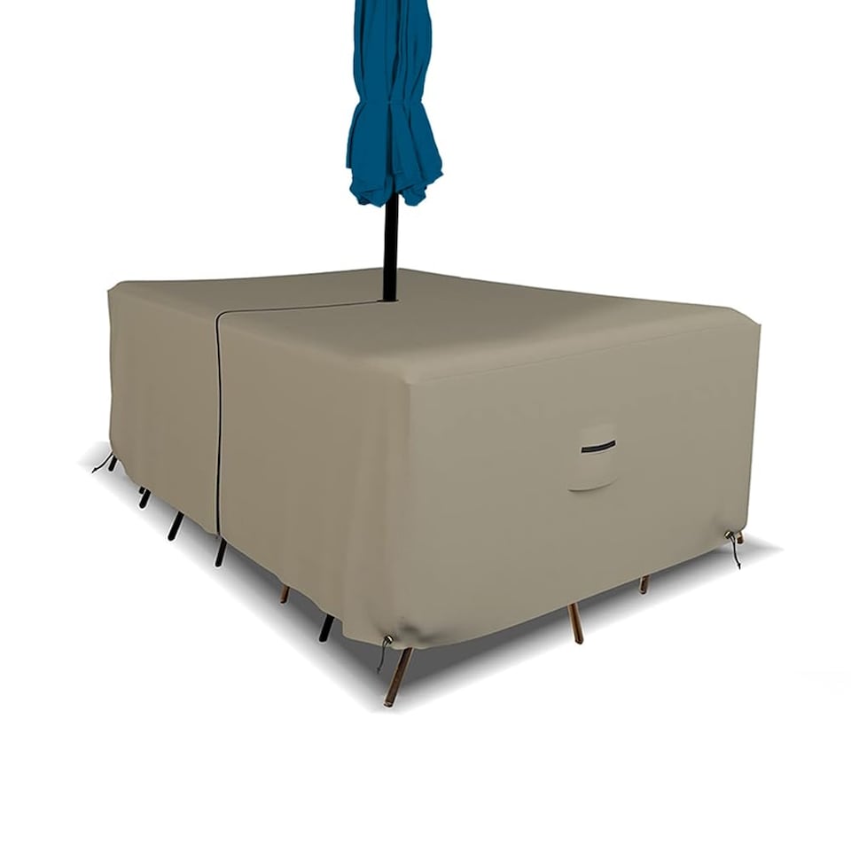 image 1 of Covers&All Rectangle Table & Chair Set Cover, Umbrella Hole, 12 Oz Waterproof UV & Weather Resistant, 76 ft ft L x 46 ft ft W x 30 ft ft H, Beige