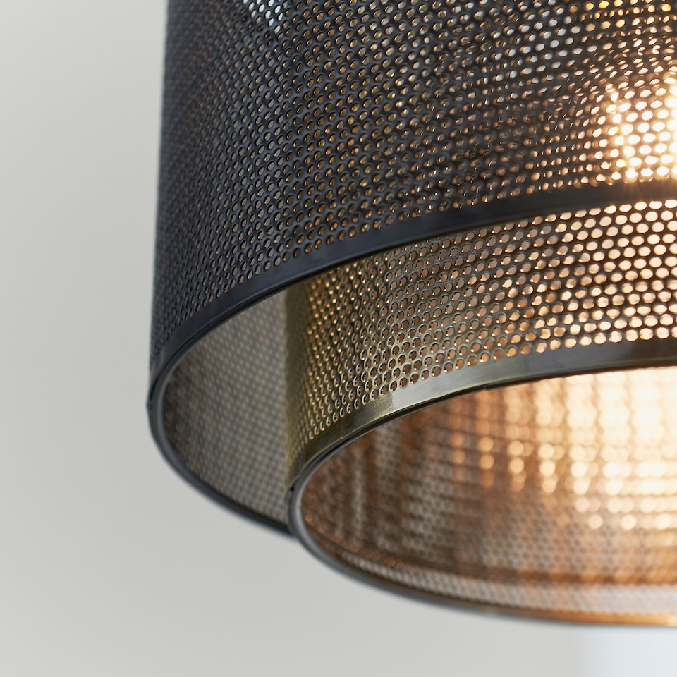 image 1 of Plexus 34cm Cylindrical Pendant Matt Black Paint, Antique Brass Mesh , E27