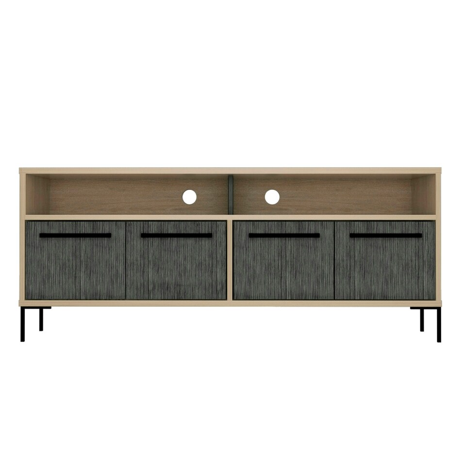 image 1 of Harvard Carbon Grey Oak and Washed Oak Wide 4-Door TV Unit - Modern Media Cabinet with Storage | Brown | Brown | 1