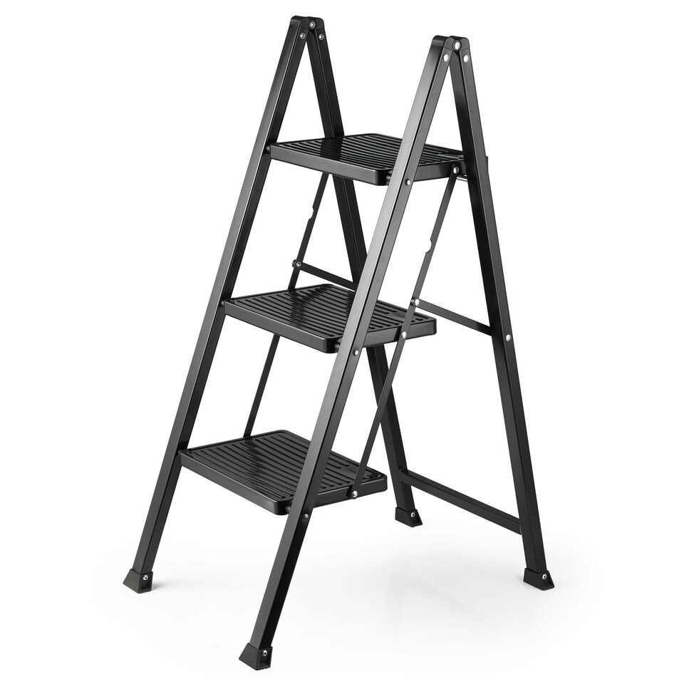 image 1 of VonHaus Steel Folding 3 Step Ladder Slim with Anti Slip Feet