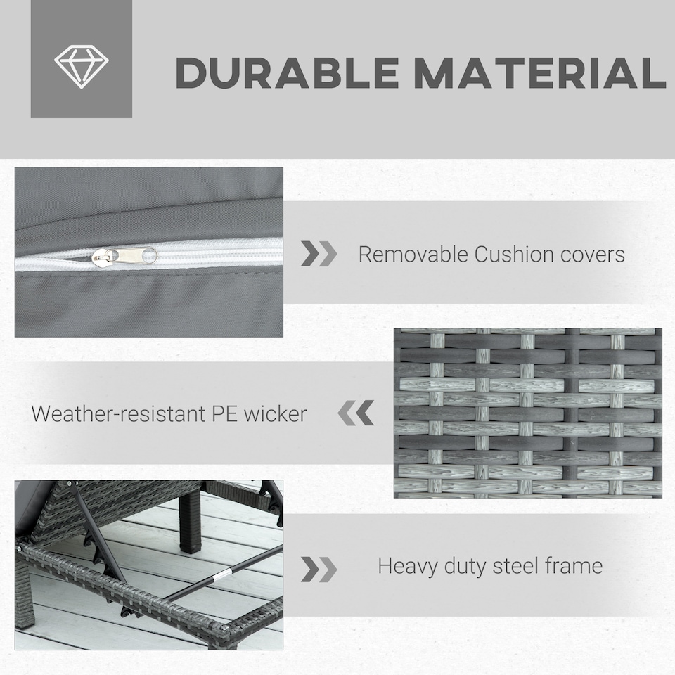 image 1 of Outsunny Rattan Sun Lounger, 5-Level Adjustable Garden Lounger Recliner with Cushion and Headrest, Outdoor Reclining Sunbed, Steel Frame Garden Chair for Patio, Beach, Terrace, Dark Grey