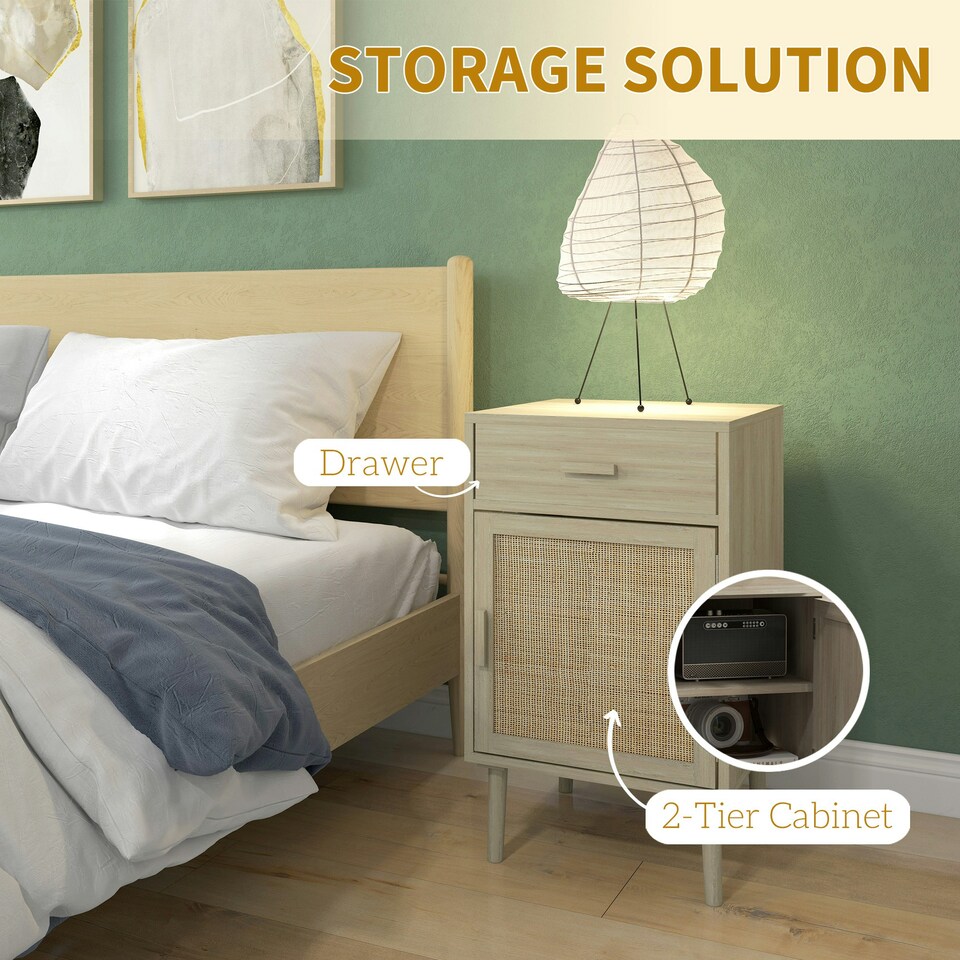 image 1 of HOMCOM Bedside Tables Set of 2 with Drawer Cabinet Adjustable Shelf Natural