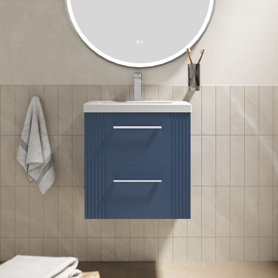 image 1 of Wall Hung 2 Drawers Vanity Unit - Mid-Edge Basin 500mm, Satin Blue | Blue | Satin Blue | 390 x 510 x 540mm