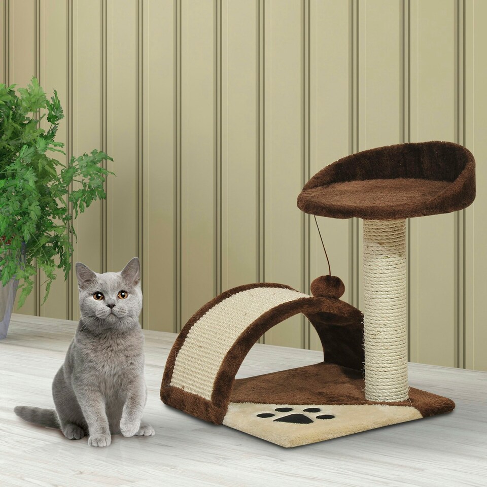 image 1 of PawHut Cat Tree Scratching Post Activity Centre Climber Hanging Ball Brown