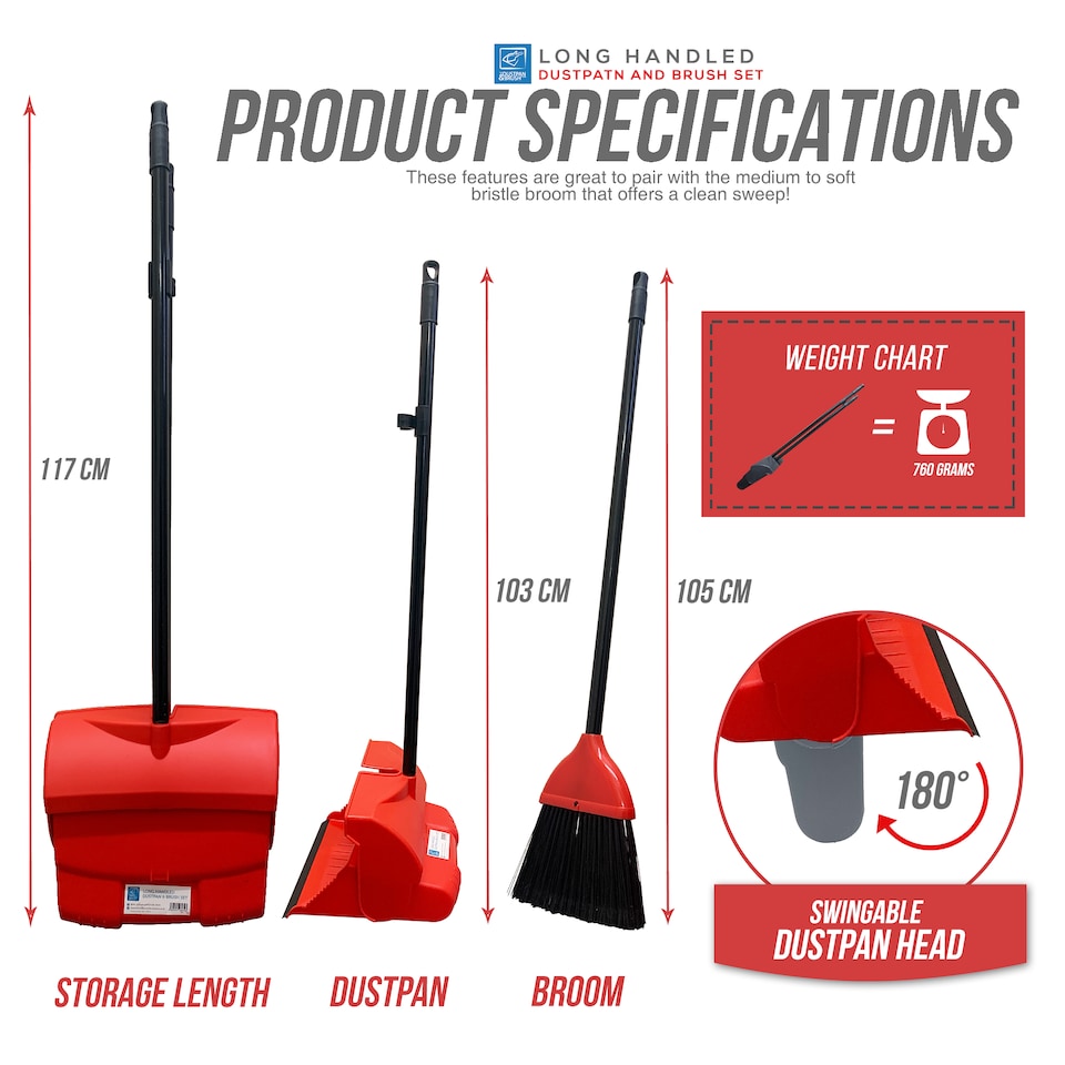 image 1 of Long Handled Dustpan and Brush Set Upright Sweeping Broom with Self Closing Lid