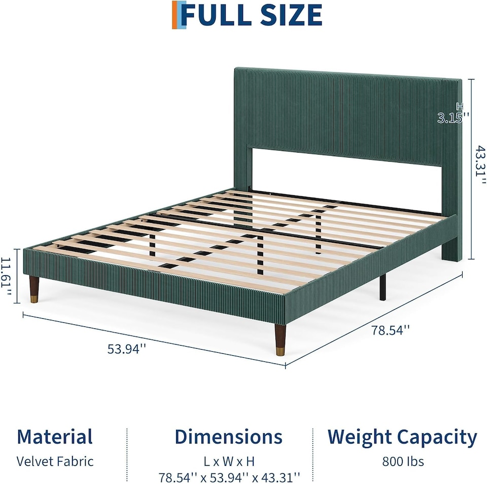 image 1 of London Boutique Double Platform Bed Frame with Velvet Upholstered Headboard, Wood Slats Support, Green 135 x 199 cm