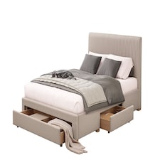 5ft King Size Linen Colour Finish Fabric Upholstered 3 Drawer Storage Bed Frame | Cream | Linen | King
