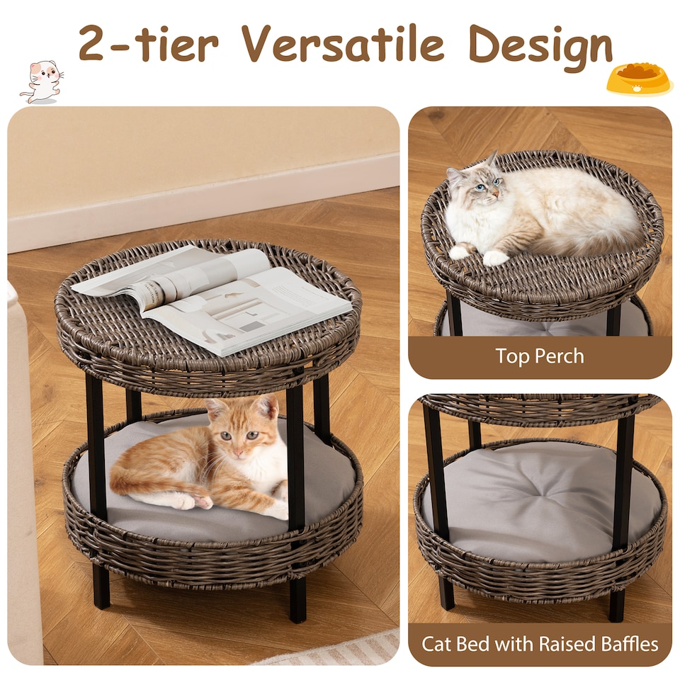image 1 of COSTWAY 2-tier Rattan Cat Nest Wicker Kitten House Raised Kitty Bed-Grey