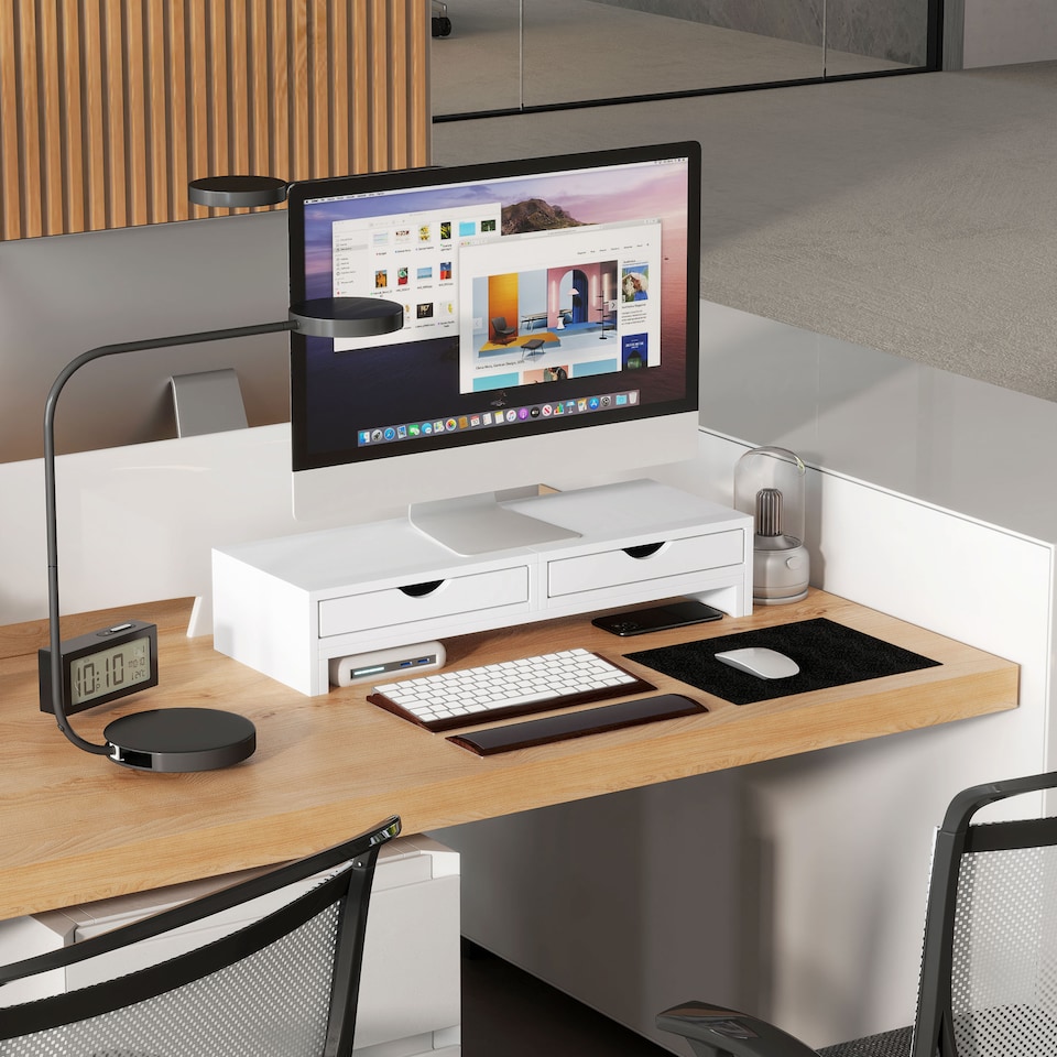 image 1 of HOMCOM Dual Monitor Stand Riser with 2 Drawers, Adjustable Length and Angle, 116cm Monitor Riser for Laptop, Computer, PC, Small Printer, White