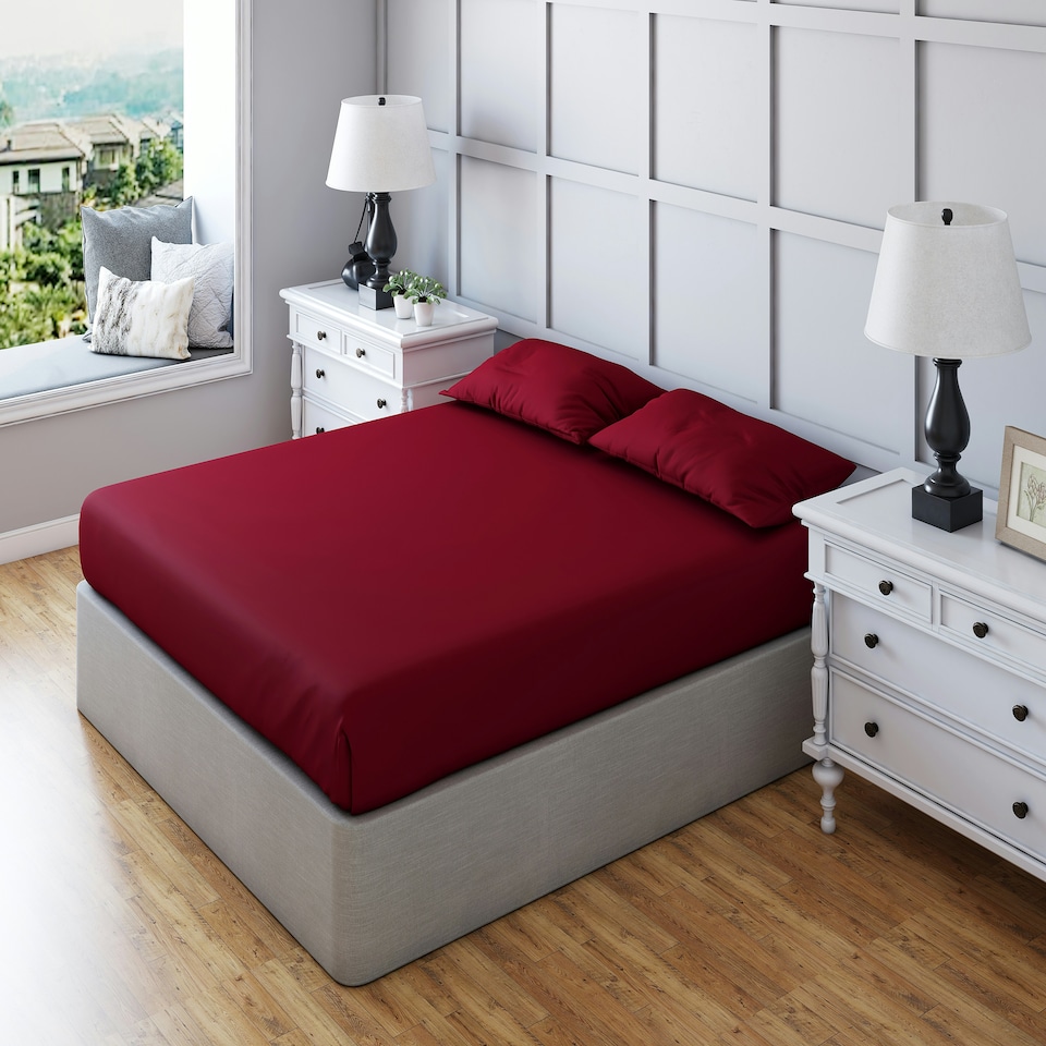image 1 of Fitted Sheet Polycotton Plain Dyed Extra Deep 25cm Bed Linen Red | Burgundy | Single