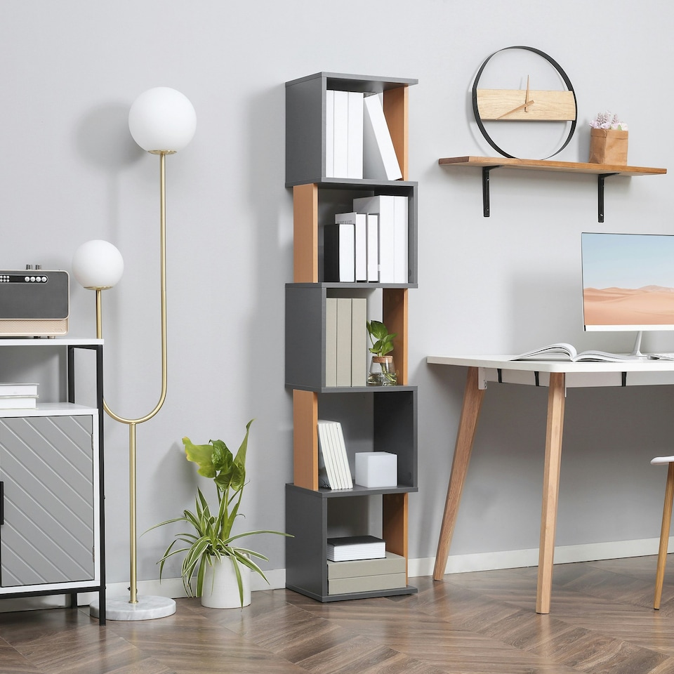 image 1 of HOMCOM 5-Tier Bookshelf Freestanding Bookcase Storage Shelves, Dark Grey