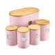 image 1 of Cooks Professional 5 Piece Ribbed Tea Coffee Sugar Bread & Biscuit Cannisters with Labels | Pink | Pink & Silver