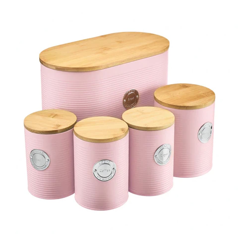 image 1 of Cooks Professional 5 Piece Ribbed Tea Coffee Sugar Bread & Biscuit Cannisters with Labels | Pink | Pink & Silver