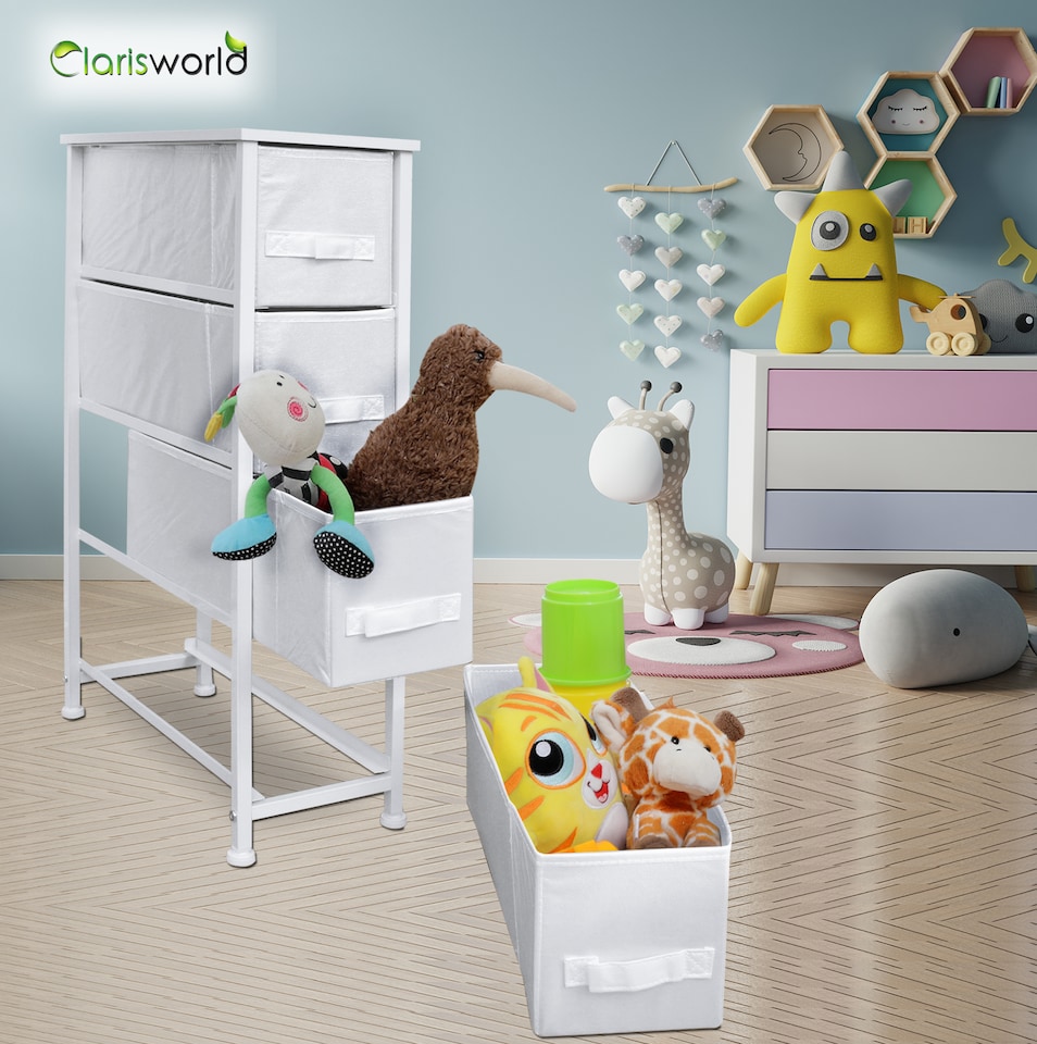image 1 of Clarisworld 4 Narrow Drawer Storage Tower Dresser with Wood Top, Steel Frame & Laminated Fabric Drawers, Slim Storage Organiser Unit for Bedroom, Hallway, Entryway, Closet & Office