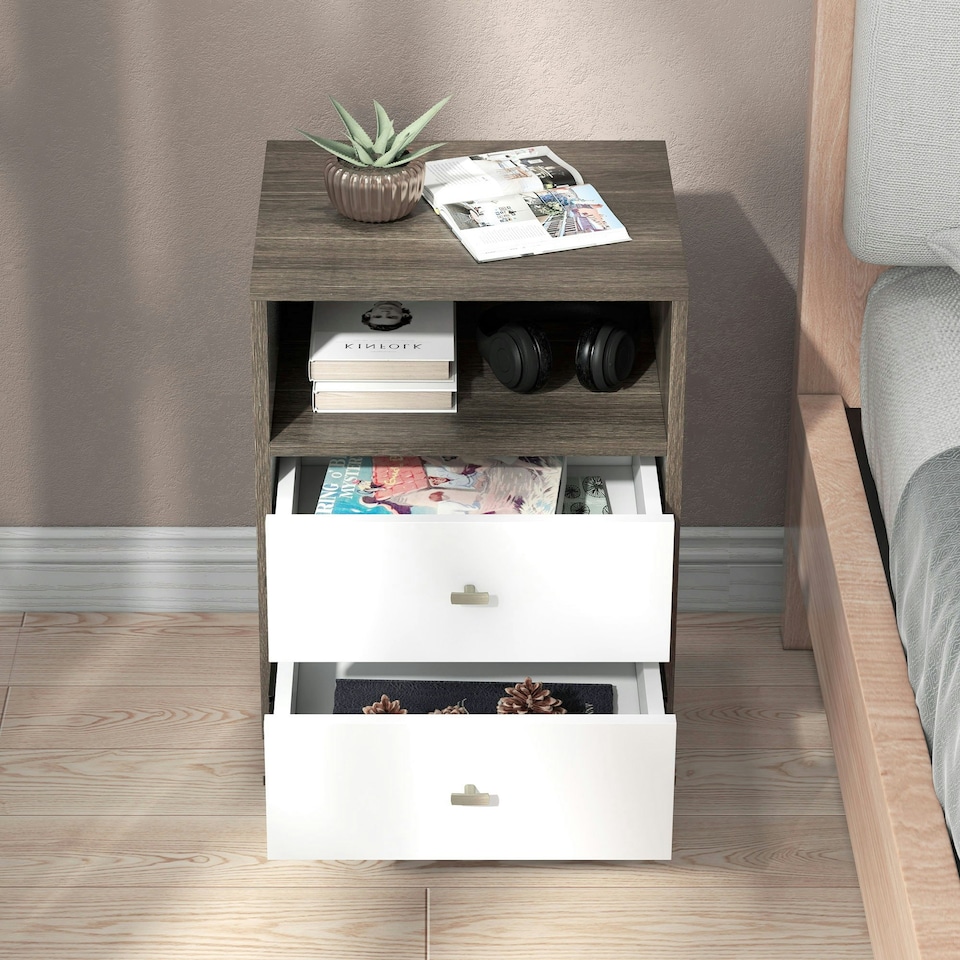 image 1 of HOMCOM Bedside Tables Set of 2, Modern Nightstand with 2 Drawers and Open Cubby