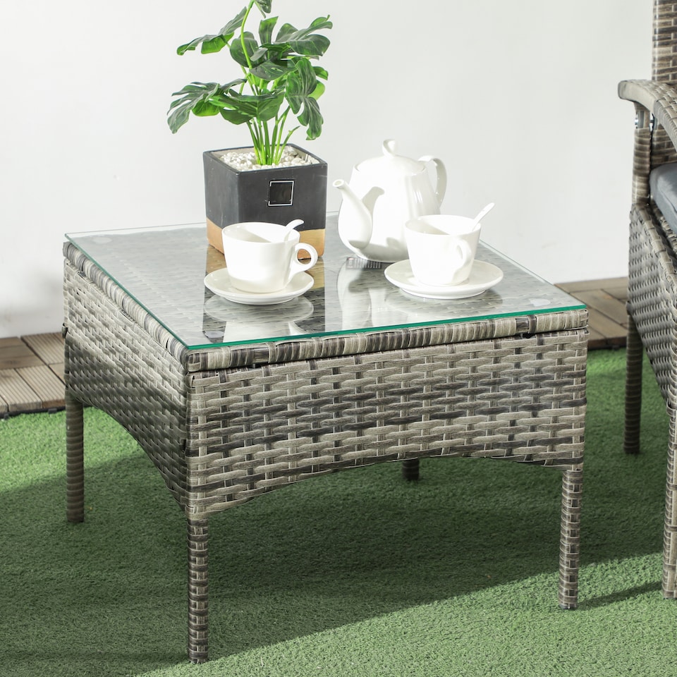 image 1 of Outsunny 3PC Garden Rattan Bistro Set with Glass Top Table, Mixed Grey
