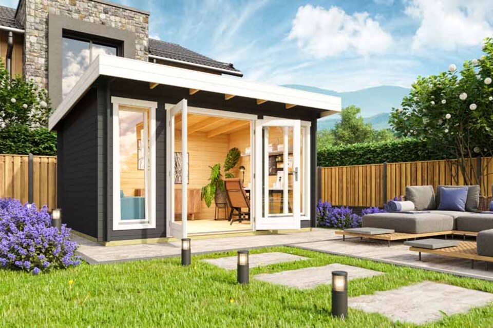 image 1 of Dorset 2-Log Cabin, Wooden Garden Room, Timber Summerhouse, Home Office - L430 x W370 x H239.4 cm | Brown