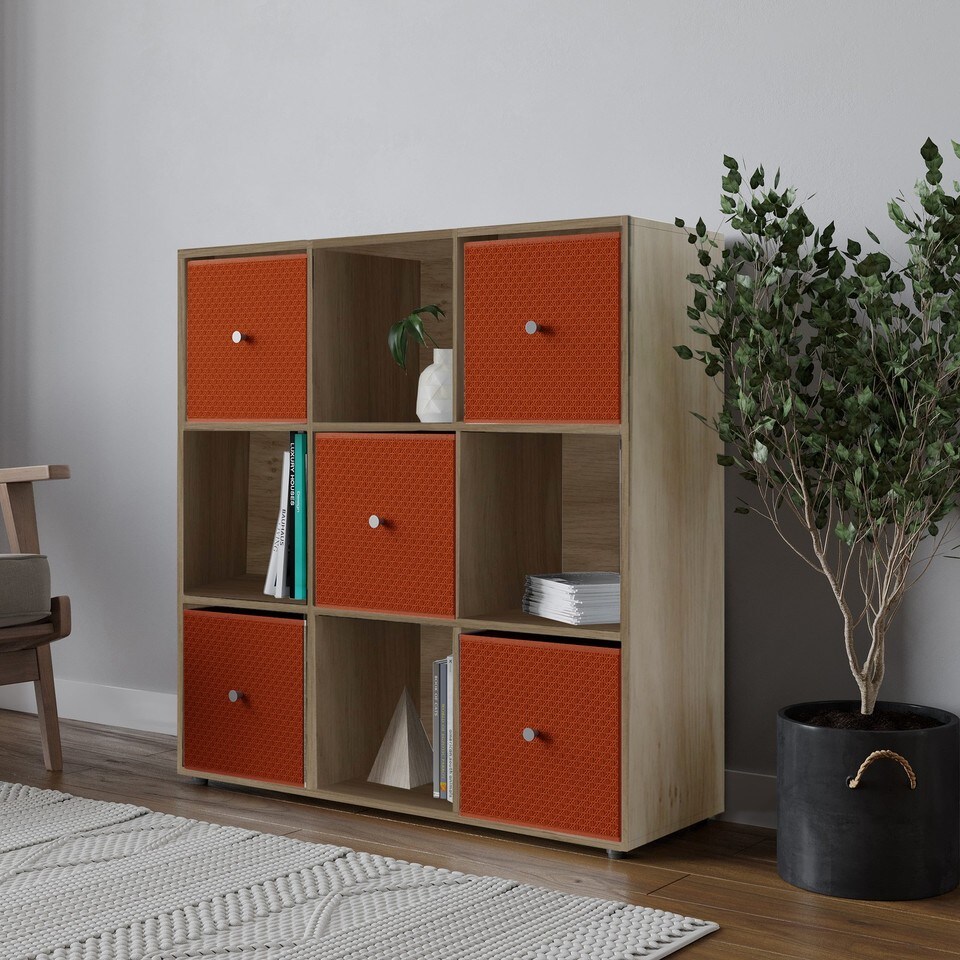 image 1 of 9 Cube Wooden Bookcase Shelving Unit with 5 Collapsible Fabric Drawers | Multi | Oak & Orange | 1