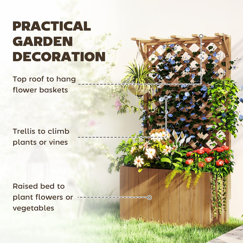image 1 of Outsunny Outdoor Wooden Planter with Trellis and Drainage Holes, Natural