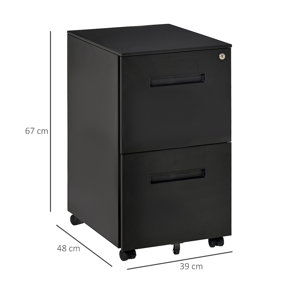 image 1 of Vinsetto Metal Mobile File Cabinet with Wheels, Lockable 2 Drawer Filing Cabinet for A4, Legal, Letter, Compact Under Desk Storage Unit with Pre-Assembled Body for Home Office, 39 x 48 x 67cm, Black