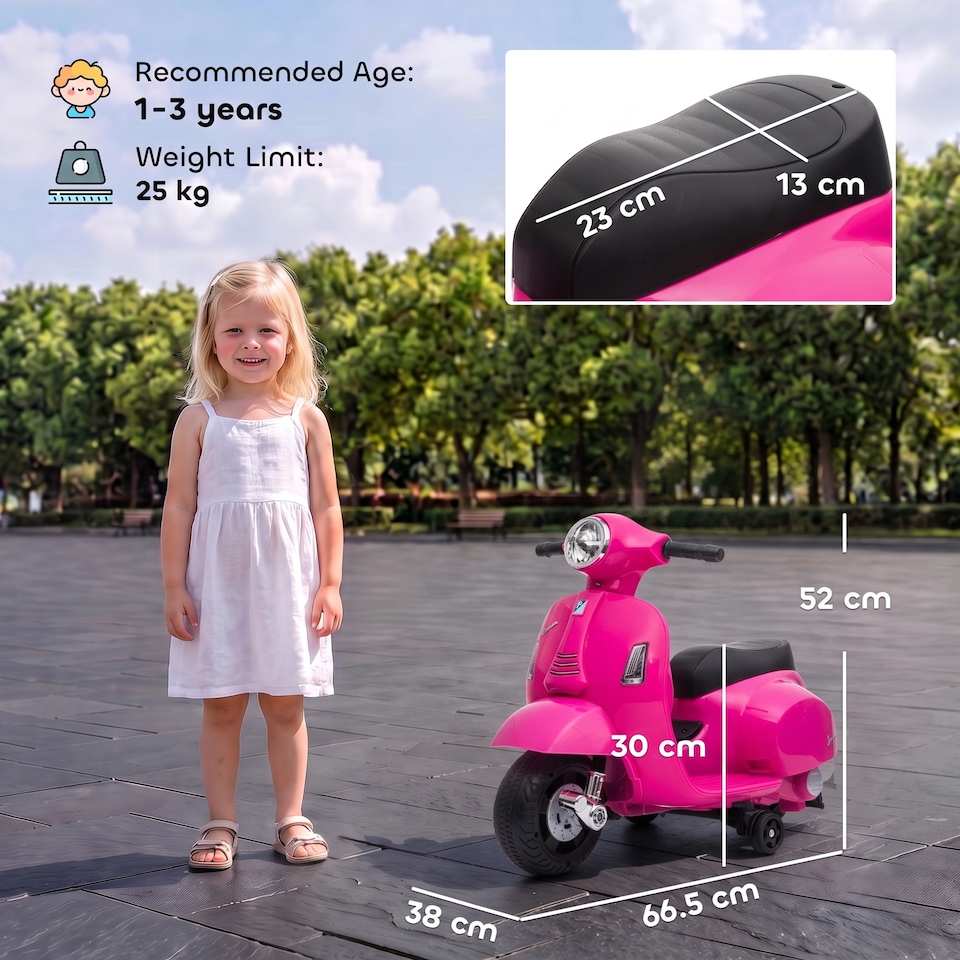 image 1 of HOMCOM Vespa Licensed Kids Ride On Motorcycle, 6V Battery Powered, Pink
