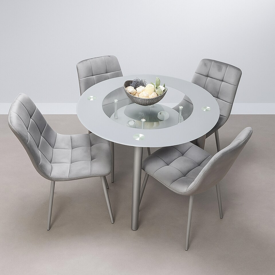 image 1 of Dining Table And 4 Chairs Grey Round Table With 4 Grey Velvet Chairs Dining Room Furniture